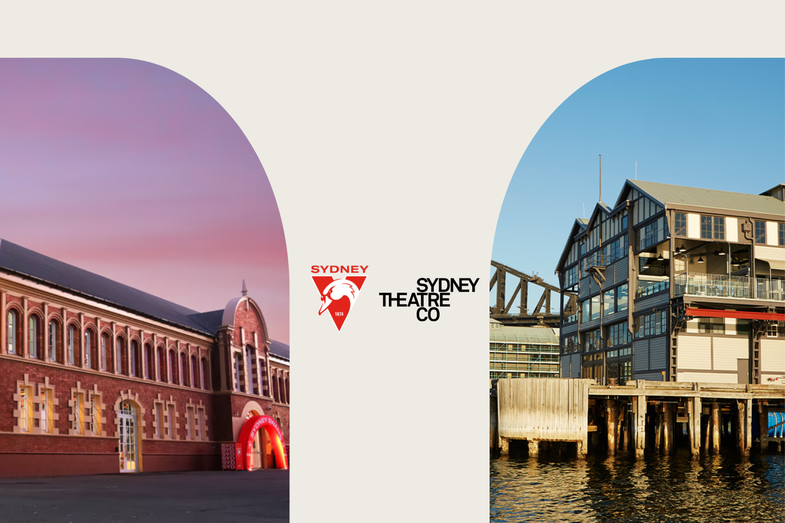Split image: On the left, a historic red brick building with arched windows at sunset; on the right, a waterfront contemporary building with balconies. In the centre, Sydney Theatre Company and Sydney Swans logos.